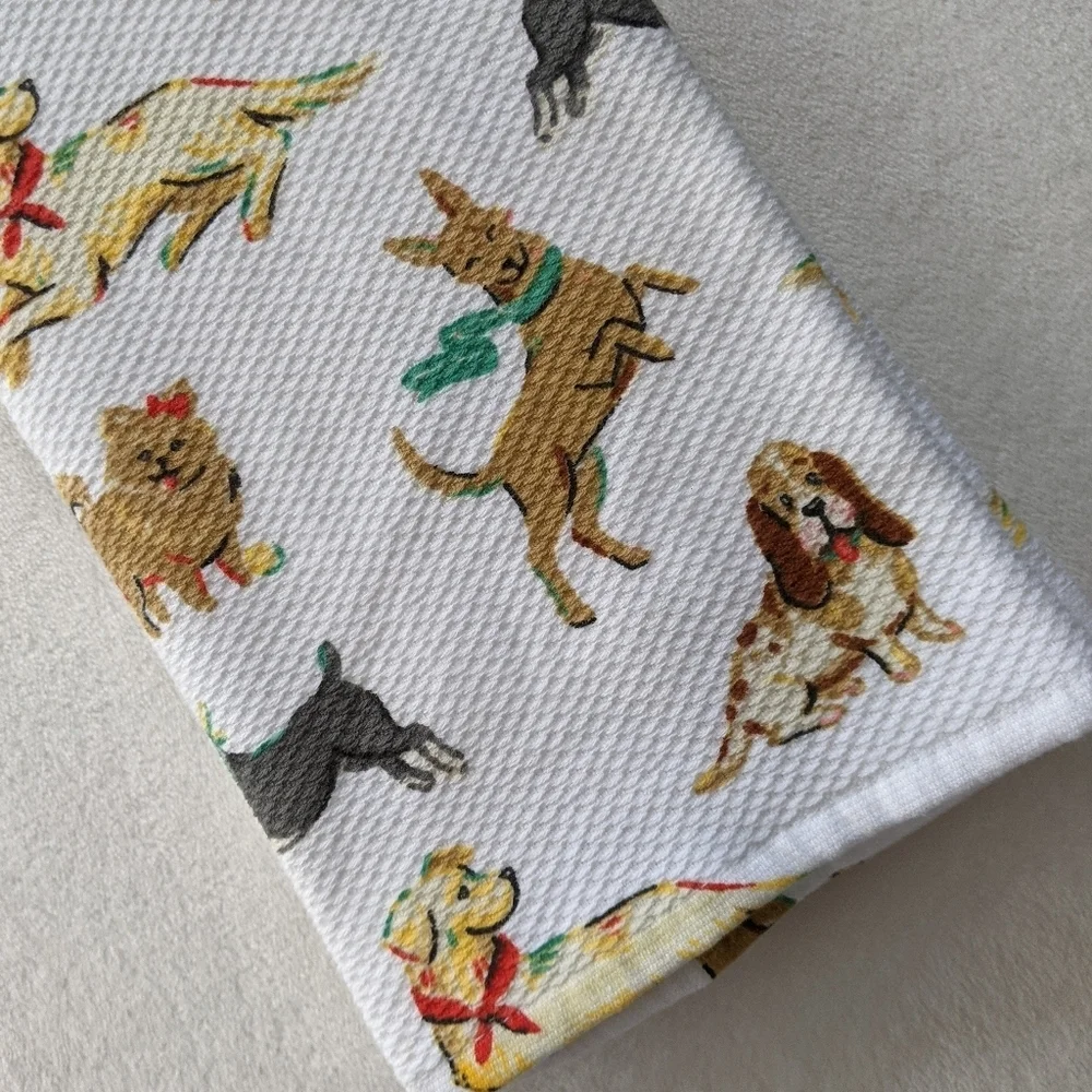 Boston Terrier Various Breed Dog Print Kitchen Towel Set Of Two White Multi NWT